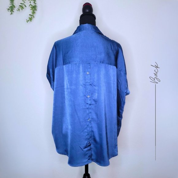 BLUE SATIN V NECK WITH COLLAR POPOVER BLOUSE - Picture 5 of 7